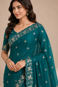 Teal Blue Embroidered Saree With Blouse Piece