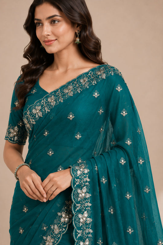 Teal Blue Embroidered Saree With Blouse Piece