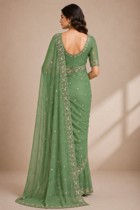 Green Embroidered Saree With Blouse Piece