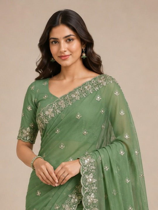 Green Embroidered Saree With Blouse Piece