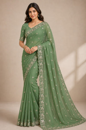 Green Embroidered Saree With Blouse Piece