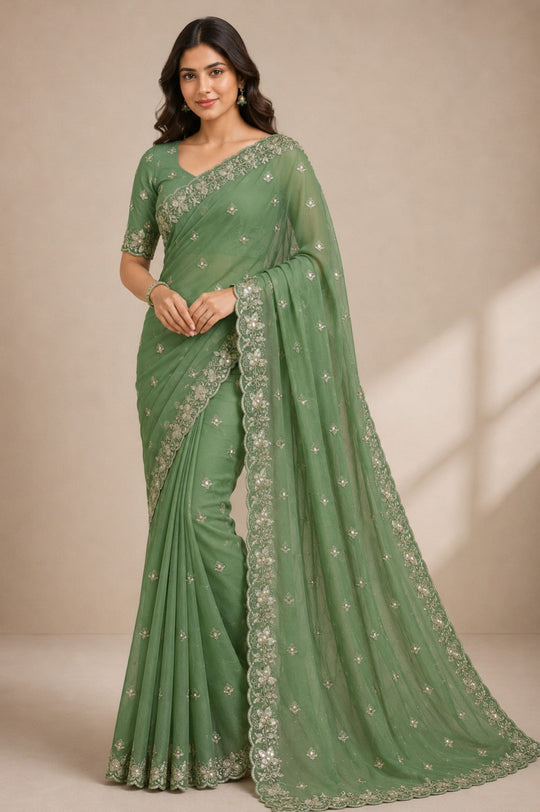 Green Embroidered Saree With Blouse Piece