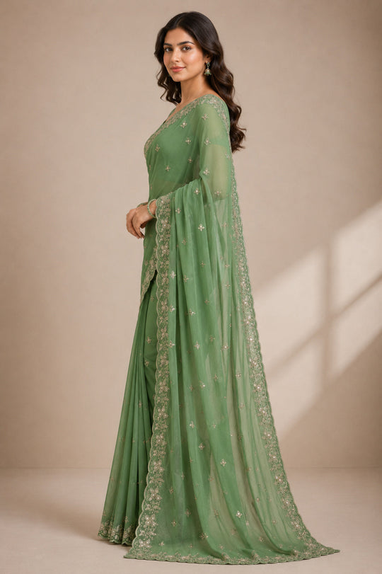 Green Embroidered Saree With Blouse Piece