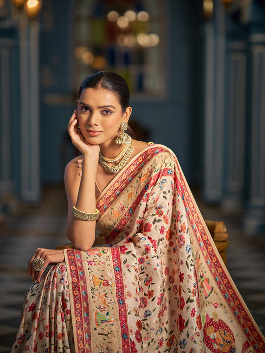 White Pashmina Soft Silk Festive Wear Saree With Blouse Piece