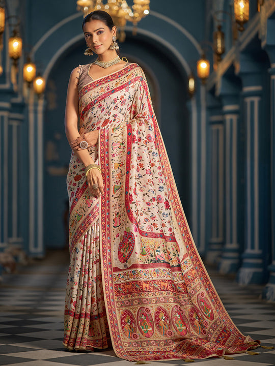 White Pashmina Soft Silk Festive Wear Saree With Blouse Piece