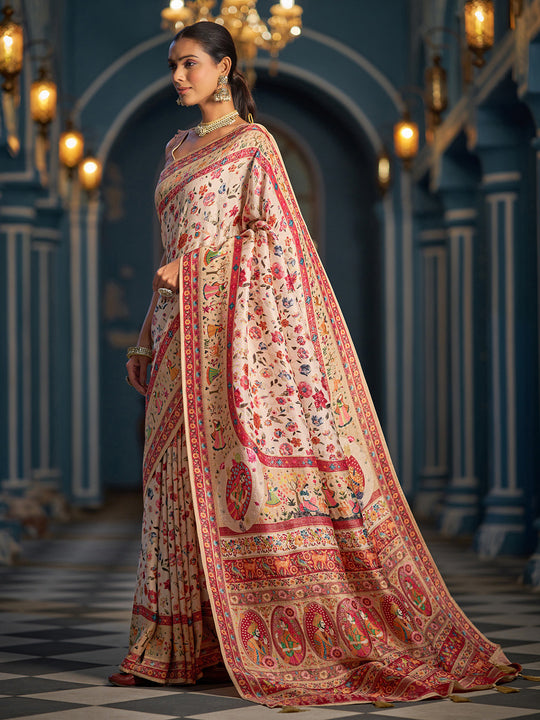 White Pashmina Soft Silk Festive Wear Saree With Blouse Piece