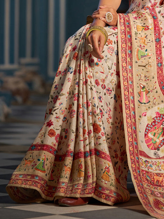 White Pashmina Soft Silk Festive Wear Saree With Blouse Piece