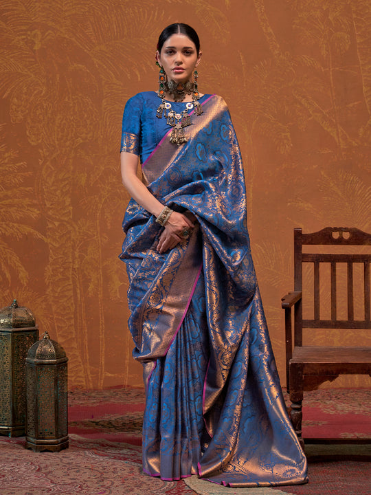 Blue Handloom Weaving Silk Saree With Blouse Piece
