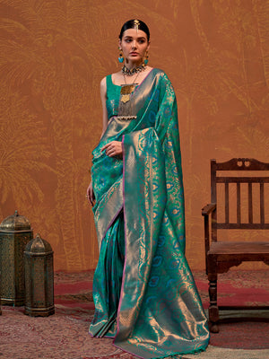 Sea-Green Handloom Weaving Silk Saree With Blouse Piece