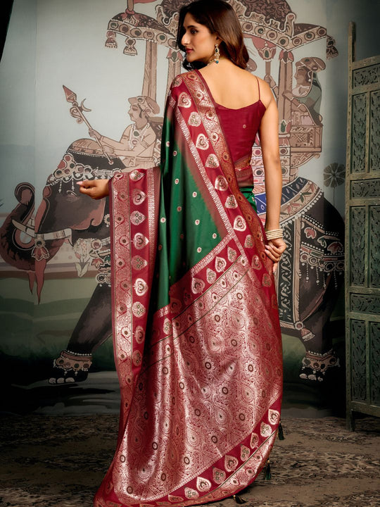Green Premium Soft Silk With Mina Work & Elegant Jhallar Detailing Saree With Blouse Piece
