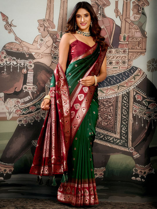 Green Premium Soft Silk With Mina Work & Elegant Jhallar Detailing Saree With Blouse Piece