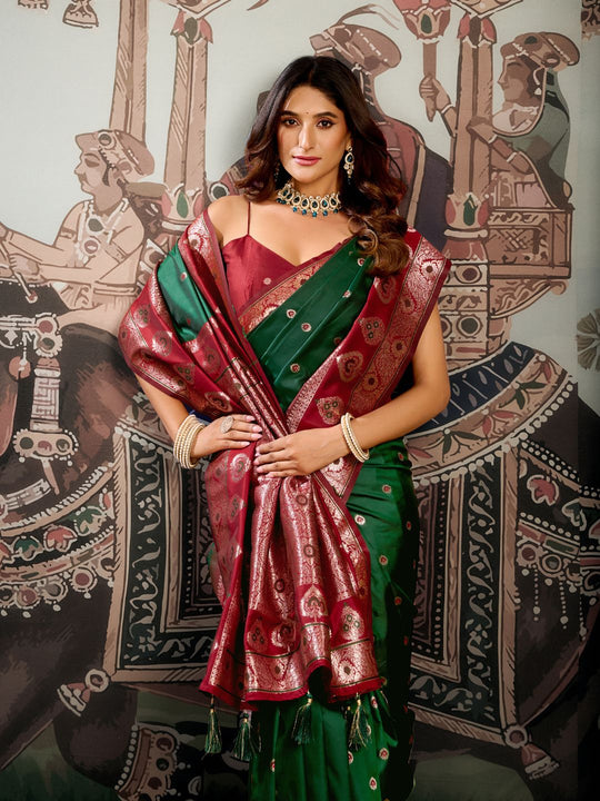 Green Premium Soft Silk With Mina Work & Elegant Jhallar Detailing Saree With Blouse Piece