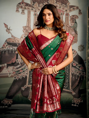 Green Premium Soft Silk With Mina Work & Elegant Jhallar Detailing Saree With Blouse Piece