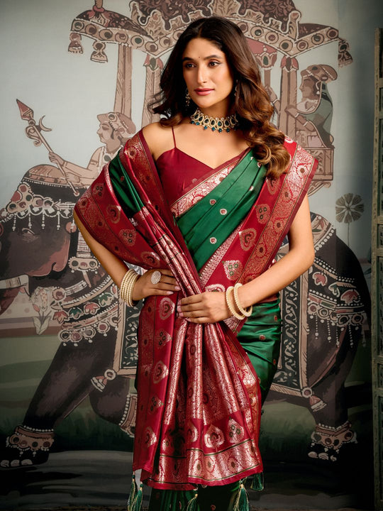 Green Premium Soft Silk With Mina Work & Elegant Jhallar Detailing Saree With Blouse Piece
