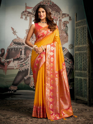 Yellow Premium Soft Silk With Mina Work & Elegant Jhallar Detailing Saree With Blouse Piece