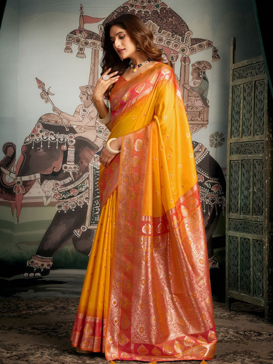 Yellow Premium Soft Silk With Mina Work & Elegant Jhallar Detailing Saree With Blouse Piece