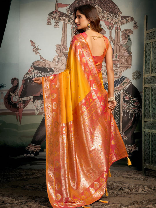 Yellow Premium Soft Silk With Mina Work & Elegant Jhallar Detailing Saree With Blouse Piece