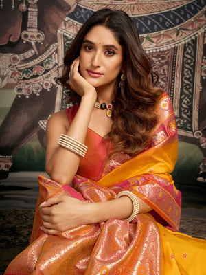 Yellow Premium Soft Silk With Mina Work & Elegant Jhallar Detailing Saree With Blouse Piece