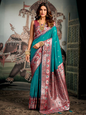 Teal Blue Premium Soft Silk With Mina Work & Elegant Jhallar Detailing Saree With Blouse Piece