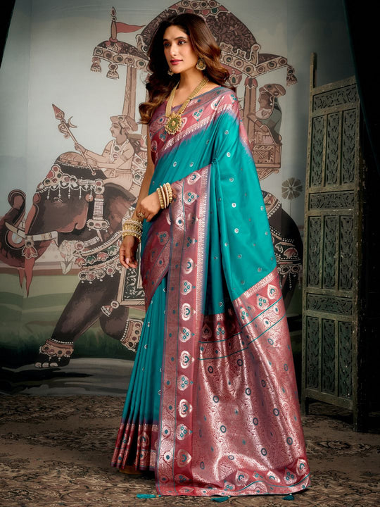 Teal Blue Premium Soft Silk With Mina Work & Elegant Jhallar Detailing Saree With Blouse Piece