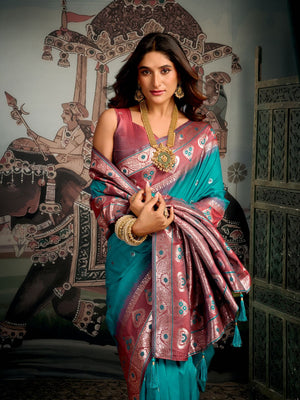 Teal Blue Premium Soft Silk With Mina Work & Elegant Jhallar Detailing Saree With Blouse Piece