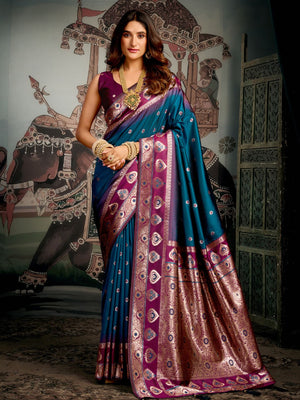 Blue Premium Soft Silk With Mina Work & Elegant Jhallar Detailing Saree With Blouse Piece