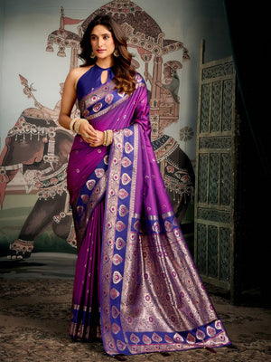 Purple Premium Soft Silk With Mina Work & Elegant Jhallar Detailing Saree With Blouse Piece