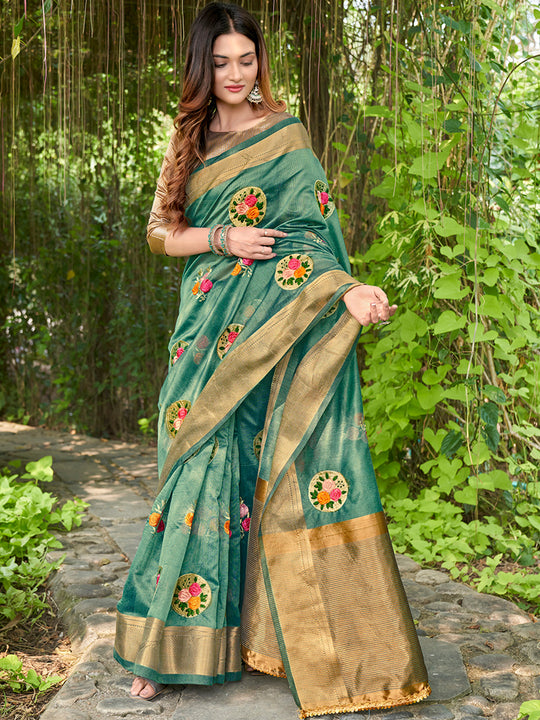 Green Cotton Saree With Blouse Piece