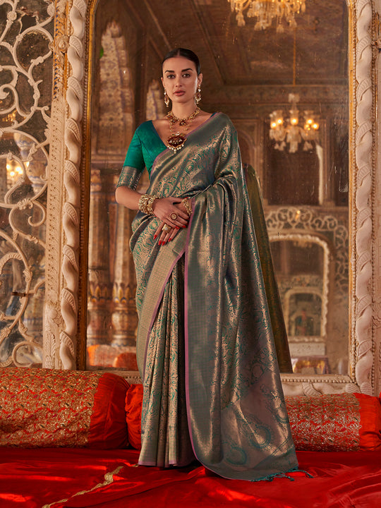 Green Handloom Weaving Silk Saree With Blouse Piece