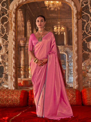 Light Pink Handloom Weaving Silk Saree With Blouse Piece