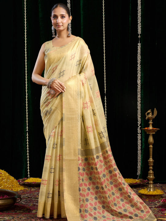 Yellow Soft Spun Cotton & Jari Border With Zhallar Saree With Blouse Piece