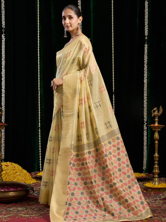 Yellow Soft Spun Cotton & Jari Border With Zhallar Saree With Blouse Piece