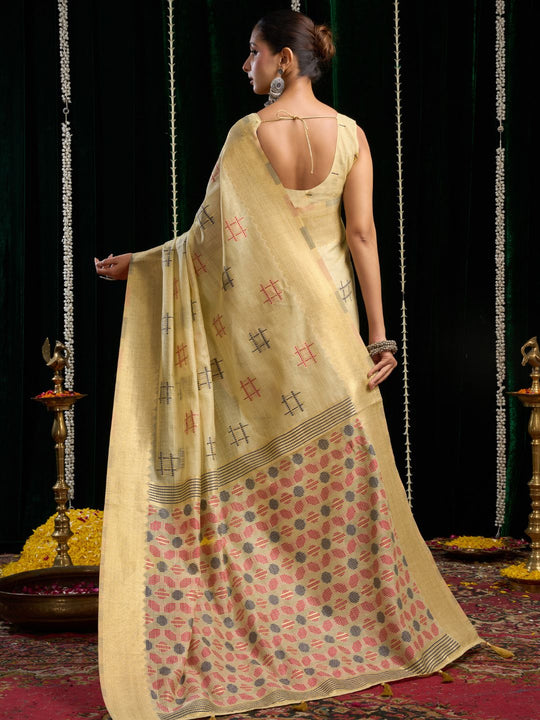 Yellow Soft Spun Cotton & Jari Border With Zhallar Saree With Blouse Piece