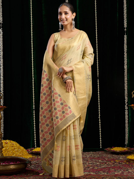 Yellow Soft Spun Cotton & Jari Border With Zhallar Saree With Blouse Piece