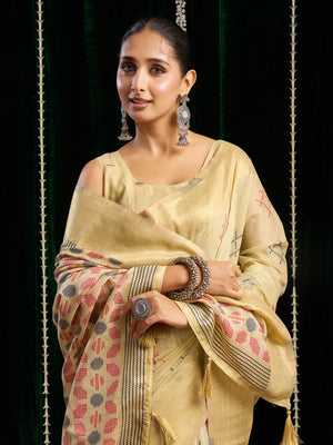 Yellow Soft Spun Cotton & Jari Border With Zhallar Saree With Blouse Piece