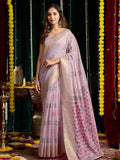 Lavender Soft Spun Cotton & Jari Border With Zhallar Saree With Blouse Piece