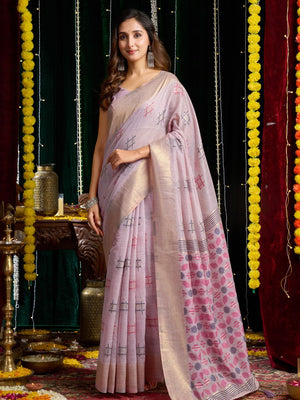 Lavender Soft Spun Cotton & Jari Border With Zhallar Saree With Blouse Piece