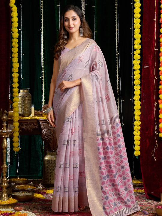 Lavender Soft Spun Cotton & Jari Border With Zhallar Saree With Blouse Piece