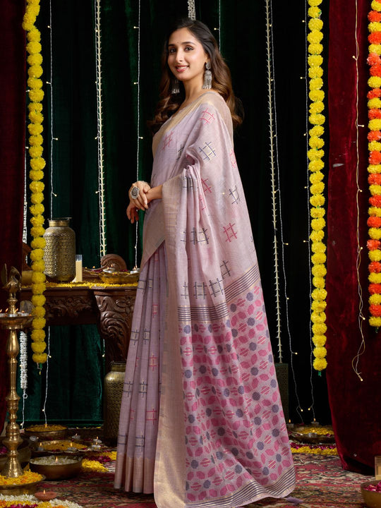 Lavender Soft Spun Cotton & Jari Border With Zhallar Saree With Blouse Piece