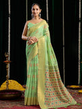 Green Soft Spun Cotton & Jari Border With Zhallar Saree With Blouse Piece