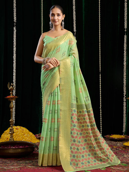 Green Soft Spun Cotton & Jari Border With Zhallar Saree With Blouse Piece