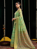 Green Soft Spun Cotton & Jari Border With Zhallar Saree With Blouse Piece