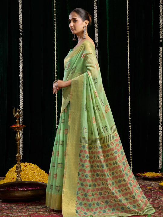 Green Soft Spun Cotton & Jari Border With Zhallar Saree With Blouse Piece