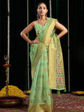 Green Soft Spun Cotton & Jari Border With Zhallar Saree With Blouse Piece