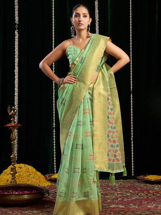 Green Soft Spun Cotton & Jari Border With Zhallar Saree With Blouse Piece