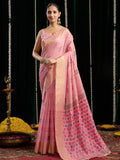 Pink Soft Spun Cotton & Jari Border With Zhallar Saree With Blouse Piece