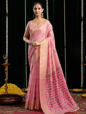 Pink Soft Spun Cotton & Jari Border With Zhallar Saree With Blouse Piece
