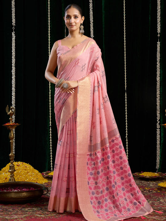 Pink Soft Spun Cotton & Jari Border With Zhallar Saree With Blouse Piece