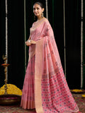 Pink Soft Spun Cotton & Jari Border With Zhallar Saree With Blouse Piece