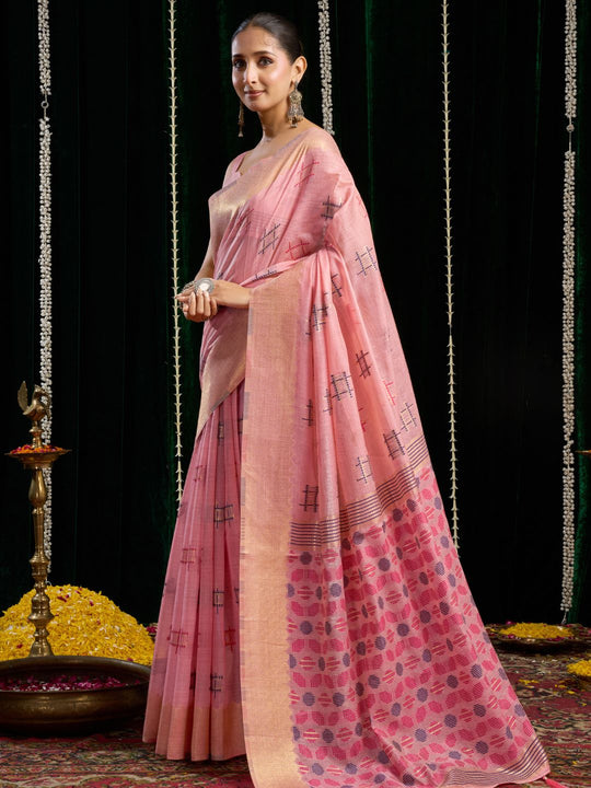 Pink Soft Spun Cotton & Jari Border With Zhallar Saree With Blouse Piece